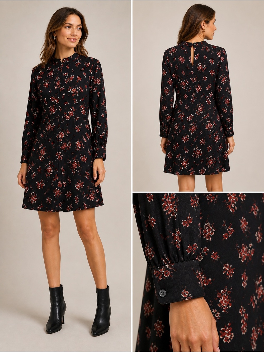 Velvet by Graham & Spencer Juliet printed dress black red long sleeves floral XS